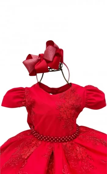 Vestido Infantil Luxo Vermelho Renda Realeza Cinto Pérolas