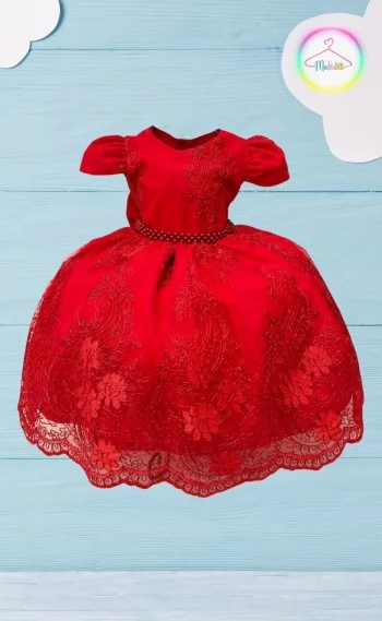 Vestido Infantil Luxo Vermelho Renda Realeza Cinto Pérolas