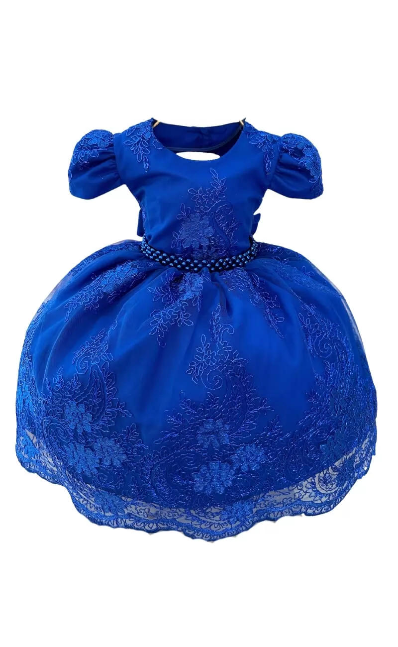 Vestido Infantil Luxo Azul Royal Renda Realeza Cinto Pérolas