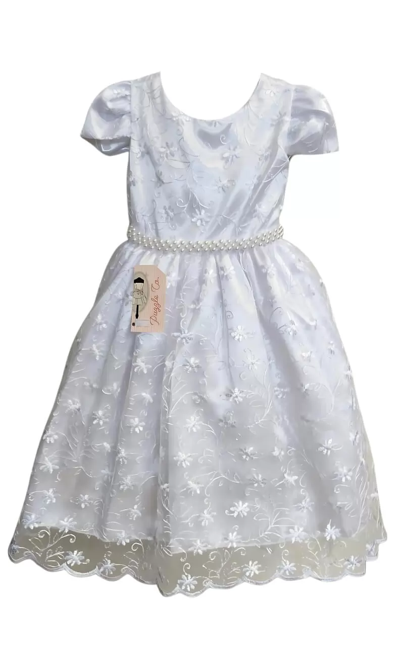 Vestido Infantil Branco Com Renda Realeza Cinto de Pérolas