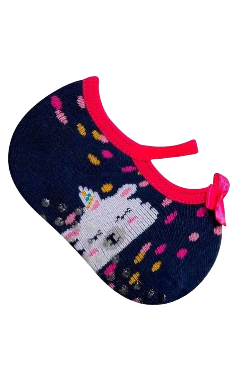 Meia Sapatilha Infantil Antiderrapante - Menina Bebê Preto Unicornio