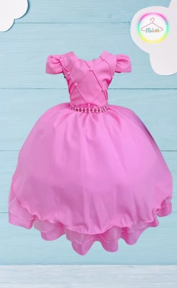 Vestido Infantil Festa Luxo Rosa Chicletes Nervura