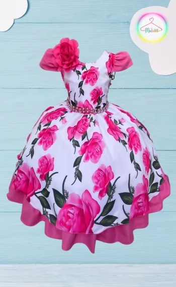 Vestido Infantil Luxo tema Jardins / Flores Pink